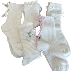 Chaussettes blanches en dentelle avec nœud, longueur cheville, respirantes, absorbant la transpiration, pour jeunes, style décontracté - Product Image 3