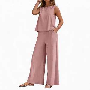 Women's <b>2</b> <b>Piece</b> <b>Set</b> Sleeveless O-Neck Top With Wide Leg Pants Solid <b>White</b> Casual Spring Summer Loose Fit Crepe Fabric - Product Image 4
