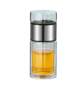 Double wall glass water bottle, travel cup with filter screen, tea and water separation cup for fruit loose leaf tea