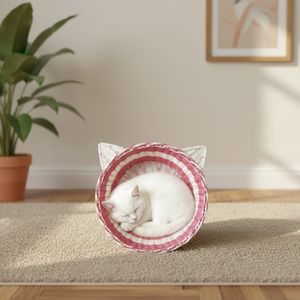 Nouveau panier de rangement tressé en rotin PE rose, forme de chat ronde, résistant aux rayures, pour animaux de compagnie, lit pour chat, très tendance - Product Image 1