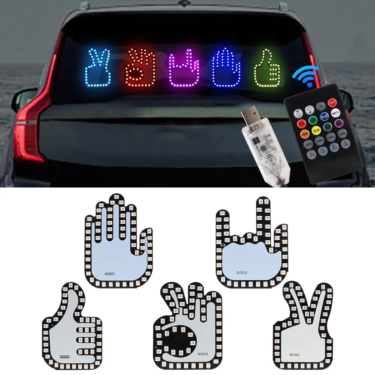 Lampu gerakan Led mobil Usb telapak tangan jari berkedip jari tengah lampu peringatan kendali jarak jauh untuk kaca depan belakang tanda Aksesori Mobil
