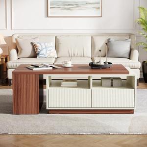 Table basse extensible rectangulaire en bois au design personnalisé avec dessus de table réversible 2 tiroirs et étagères de rangement - Product Image 2