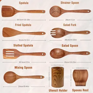 Juego de 9 Espátulas de Madera con Mango Largo para Sartenes Antiadherentes - Utensilios de Cocina Duraderos para Acampar y Viajar al Aire Libre - Product Image 3
