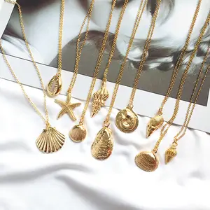 Ocean Series Jewelry Beach Boho gold plated metal seashell Conch pendant necklace for women men