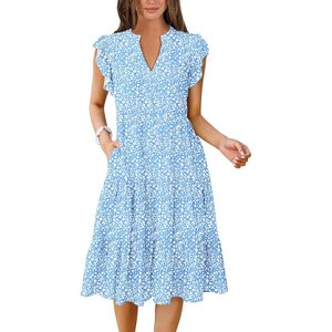FOXA Robe d'été pour femme, col en V, longueur midi, imprimé floral, ligne A, décontractée, style bohème, pour les vacances à la plage - Product Image 1