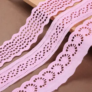 Fancy Design Embroidered Cotton Eyelet Lace Trim Pink