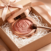 Maquillaje Profesional de Marca Privada, Vegano, Rubor Mineral en Polvo de Alta Pigmentación, Color Oro Rosa, Espejo Compacto, Brocha, Diseño de Rosa Tallada