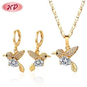 hot sirkon bird fashionable trend zirconia necklace with matching earrings gold plated 18k jewelry set