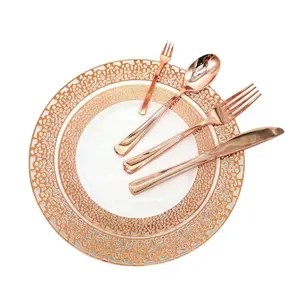 Placa con borde de encaje de oro rosa de diseñador para fiesta de boda placas blancas redondas de plástico con juego de placas de encaje dorado