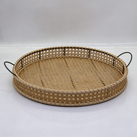 Panier de rangement rond en rotin naturel tressé à la main avec poignée pour fruits et dim sum, plateau de rangement pour bureau