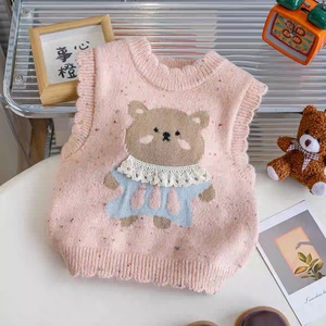 Girls Knitted Vest Cartoon <b>Bear</b> Design Spring Autumn Outerwear For Children Cotton Material <b>Pink</b> Beige Off White - Product Image 3