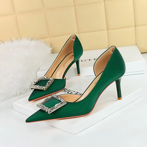 Chaussures à talons hauts pour femmes, en cuir PU, à bout pointu et bouche peu profonde, avec nœud en strass, pour l'été - Product Image 1