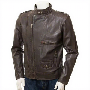 Blouson en cuir véritable marron pour homme, coupe ajustée, style motard, avec fermeture éclair croisée asymétrique, en cuir de vachette, col montant, classique et personnalisé - Product Image 4