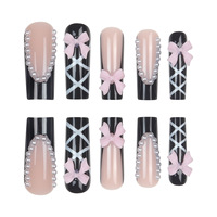 24pcs Kuku Palsu Panjang Bentuk Coffin Warna Hitam dengan Garis Silang Pink, Hiasan Pita Putih 3D & Mutiara, Kuku Palsu untuk Wanita