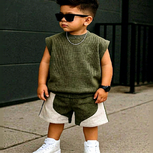 <b>Toddler</b> <b>Boy</b>’s Two-Piece Waffle Knit Streetwear Set (Olive & Cream)Sleeveless Boxy Tee with Matching Color-Block Shorts - Product Image 1