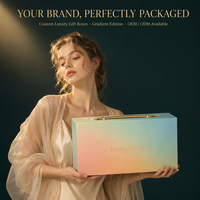 Coffret en carton rigide haut de gamme personnalisé, dégradé pêche-vert sarcelle, avec poignée en cuir, en matériaux recyclés, pour emballage de thé et de vaisselle.