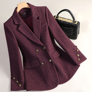 Women's Wool Blazer Purple Double Breasted Sequins Suit Autumn Winter Casual Elegant Fit - Product Image 1