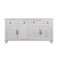 Grand buffet en bois sculpté à la main - Buffet à 4 portes blanchi à la chaux - Console multimédia style bohème chic - Meuble de rangement orné de motifs floraux