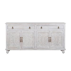 Large Hand-Carved Wooden <b>Sideboard</b> - Whitewashed 4-Door Buffet Cabinet - Boho Chic Media Console - Ornate Floral Credenza - Product Image 2