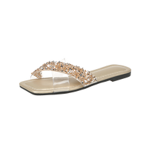 Nouvelles sandales plates à lanières transparentes en strass pour femmes, vente en gros, personnalisables, à bout carré, pour fêtes et plage estivale