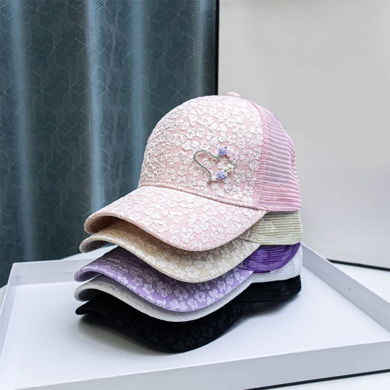 Spring Sun shade Atmungsaktive Strass Herz Blume Trucker Cap Frau Plissee Mesh Hut Sport Cap