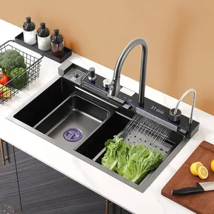 Luxury Modern Kitchen Sink Hidden Black 304 Stainless Steel Single Bowl Waterfall Multifunction Smart Kitchen Sink