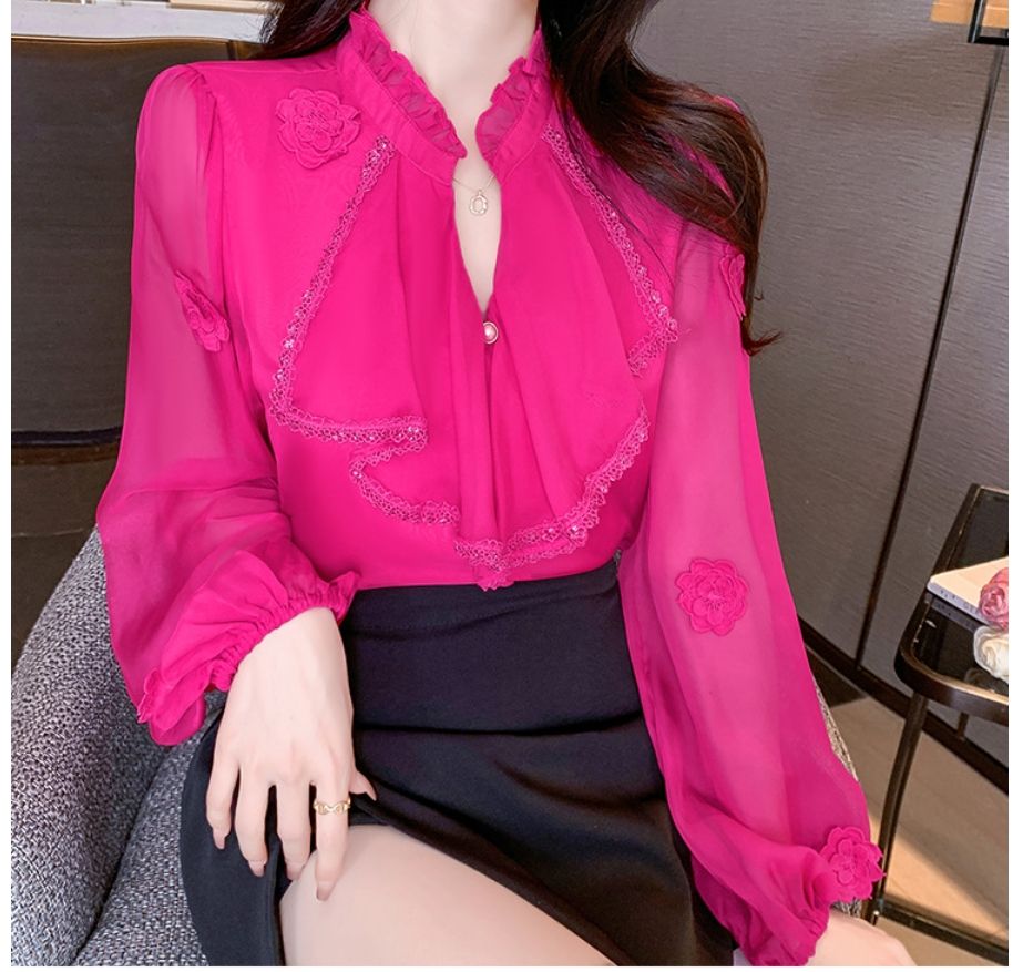 Elegant Women Chiffon Blouse High Class Korea Long Sleeve Lady