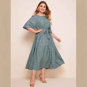 New Arrived Golden Line Lattice <strong>Blue</strong> Color Waist Belt Plus Size Women's Long Casual <strong>Dresses</strong> - Product Image 6