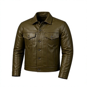 Veste en cuir d'agneau pour homme, style trucker, noir, marron et olive, avec devant à boutons-pression, poches poitrine à rabat, détail plissé. - Product Image 1