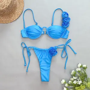 QuiteS 2024 New Sexy Steel Bikini Two Piece Women's Swimsuit 3d Flower String Micro Bikinis Beachwear