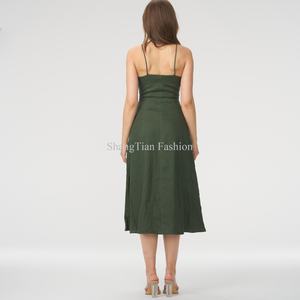 Vestidos de Lino Elegantes y a la Moda para Mujer, con Tirantes Finos, Color Verde con Bolsillo, Vestido de Verano - Product Image 2