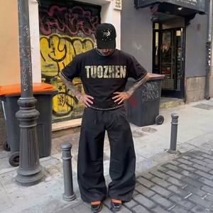 Camiseta de Algodón Grueso con Estampado Gráfico de Pedrería, Estilo Vintage Lavado, Oversize, Casual, Streetwear para <span class=keywords><strong>Hombre</strong></span> - Product Image 1