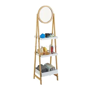 Wooden Bathroom 3 Tiers Ladder Shelf Standing Bamboo Storage Shelf with Mirror