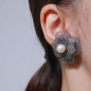 Handmade Floral Lace Pearl Dangle <b>Earrings</b>, USA Imported 14K Gold Filled Fittings, Italian Lace Craft, Natural Freshwater Pearl - Product Image 4