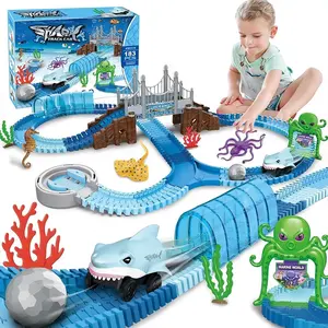 Samtoy 183PCS Ocean Theme STEM Educational Play Set Flexible Racetrack Kids Electric Toy Race Track Shark Track Car for Gift
