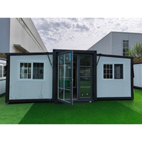 Casa Contenedor Moderna Expandible de Doble Ala, Panel Sándwich Gris Claro, Casa Modular Prefabricada con Puerta Francesa para Oficina o Vivienda