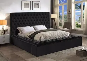 Hot Verkoop Fabriek Groothandel Europese Design Tufted Opslag Fluwelen Bed Voor Slaapkamer Koningin Kingsize Zwarte Kleur