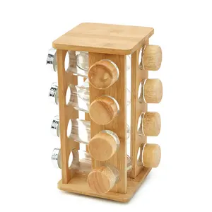 Venta al por mayor de cocina de escritorio multifuncional tarros de especias organizador de 4 niveles 16 latas de bambú giratorio estante de almacenamiento de especias