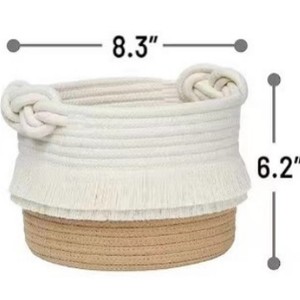 Handmade Cotton <b>Rope</b> Woven <b>Storage</b> <b>Basket</b> Round White And Brown Tassel Design Toy Organizer Standing Type - Product Image 3