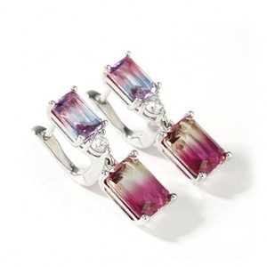ต่างหูแฟชั่นสั่งทำพิเศษประดับพลอยเม็ดใหญ่ทรงเหลี่ยมมรกต ต่างหูเงินแท้ประดับพลอยทัวร์มาลีนไล่เฉดสี - Product Image 6