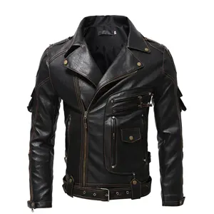 Wholesale cross patches leather jackets-jointed sewing pu biker jacket with snap button & zipper pockets design leather jacket men with embossed & patch