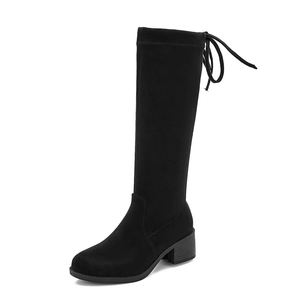 Bottes hautes pour femme automne/hiver à talon épais et moyen, en daim noir, à lacets, avec tube élastique anti-chute - Product Image 4