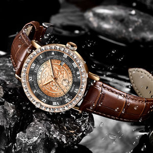 Montre pour homme en cuir marron et noir avec diamants, 42 mm, date luminescente, chronographe à quartz, résistance à l'eau 3 BAR, style professionnel simple - Product Image 4