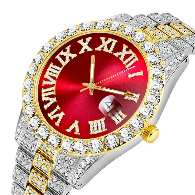 Penjualan terlaris kustom mewah Bling Hip Hop kuarsa CZ jam tangan berlian wanita Iced Out jam tangan perak emas biru Dial jam tangan pria