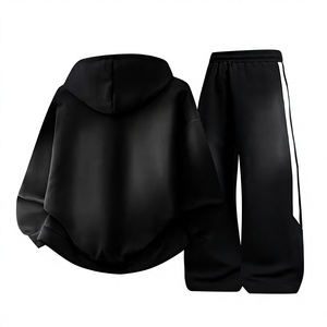 Men's Black Hooded Sweatshirt Set Color Blocking Casual Winter Wear Breathable Polyester Cotton French Terry Knitted Fabric - Product Image 4