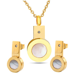Conjunto de Aretes de Acero de Titanio con Incrustaciones de Concha Dorada, Diseño Geométrico Redondo, Conjunto de Joyería de Moda con Collar - Product Image 1