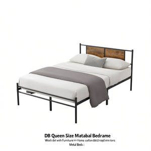Cadre de lit en métal taille Queen avec tête de lit en panneau de bois, design moderne pour chambre à coucher - Product Image 1