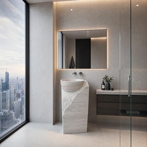 Poulars En gros Lavabo de luxe mural en pierre naturelle et pierre artificielle, avec piédestal, pour lavage des mains, en marbre blanc et bois - Product Image 4