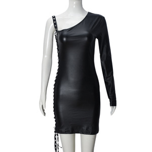 Nuovo Arrivo: Mini <span class=keywords><strong>Abito</strong></span> Sexy <span class=keywords><strong>Nero</strong></span> con Manica Lunga Monospalla e Cinturino Aderente, Moda Femminile - Product Image 5