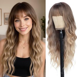 Perruques longues blondes avec <span class=keywords><strong>frange</strong></span> <span class=keywords><strong>cheveux</strong></span> bouclés ondulés pour les femmes sans enchevêtrement doux aspect naturel utilisation quotidienne de fête - Product Image 1